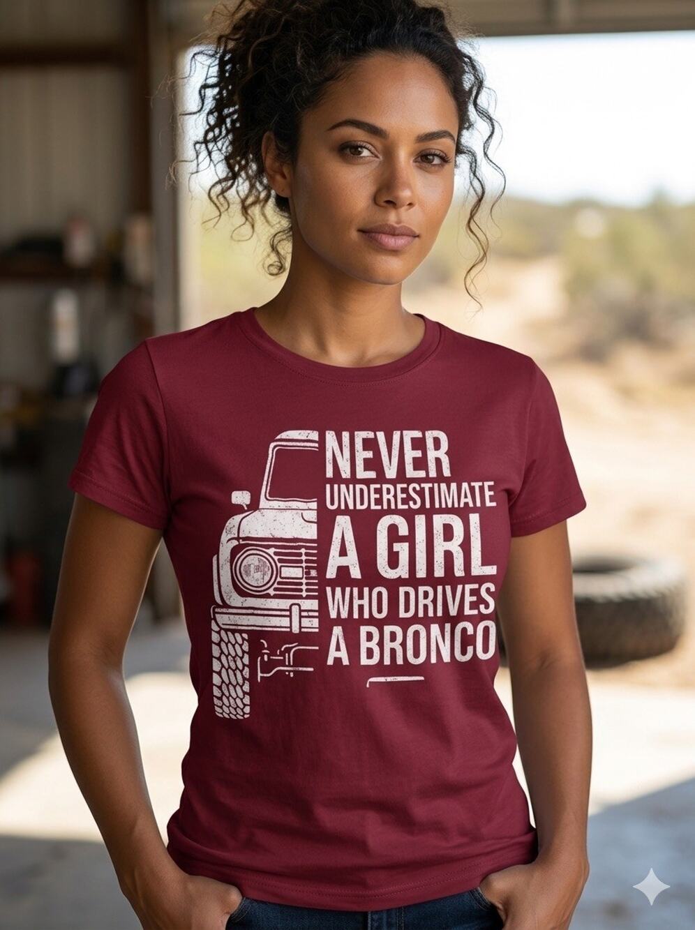NEVER UNDERESTIMATE A GIRL WHO DRIVES A BRONCO Graphic Tee Size M Ford #0239